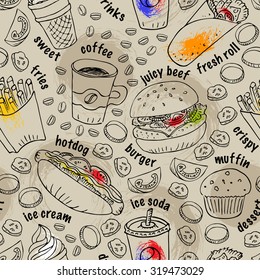 Hand drawn fast food doodle seamless pattern. Black and white ink illustration with colorful paint splashes. Hot dog, burger, fries, soda, coffee and dessert for menu and web design.