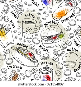 Hand drawn fast food doodle seamless pattern. Black and white ink illustration with pain splashes. Hot dog, burger, fries, soda, coffee and dessert for menu background and web design.