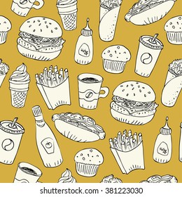 Hand drawn fast food doodle seamless pattern. Papercut with black outline design on yellow background. Hot dog, burger, fries, soda, coffee and dessert for menu and web design.