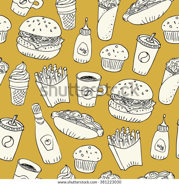 Hand Drawn Fast Food Doodle Seamless Stock Vector (Royalty Free ...