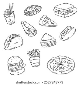 Hand drawn fast food. Food doodles, pizza, hamburger, fries, burrito, sandwich. Food doodles for restaurant menu, poster, banner.