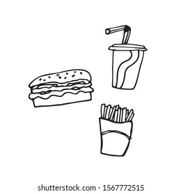 Hand drawn fast food drawings - burger, fries and soda - vector
