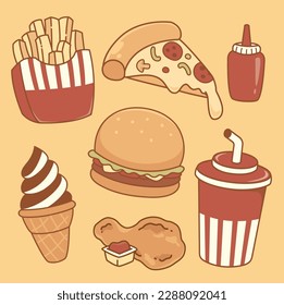 Hand drawn fast food and drink kawaii cartoon style 