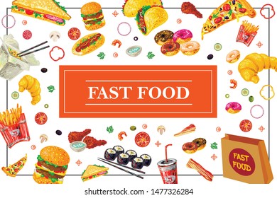 Hand drawn fast food elements template with french fries sushi rolls donuts  