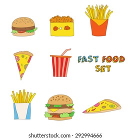 Hand drawn fast food elements. Doodle style set