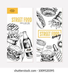 Hand drawn fast food flyers. Street food creative banner.Burger, soda, fries, bagel, donut, hot dogs. engraved vector illustration. For restaurant menu street food advertisement poster