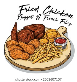 Hand Drawn Fast food Fried Chicken, Chicken Nuggets and French Fries Illustration