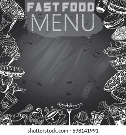 Hand Drawn Fast Food in Gray Chalkboard Background. Menu with texture and text.