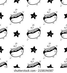 Hand drawn fast food hot dog and sta seamless pattern. Comic doodle sketch style. Vector Fast food illustration. Sketch of hot dog and star.