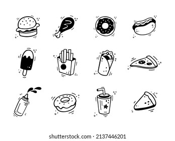 Hand drawn fast food icons. Sketch of snack elements. Fast food illustration in doodle style. Fast food collection.