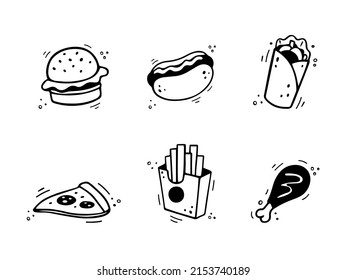 Hand drawn fast food icons. Sketch of snack elements - burger, French fries box, pizza, doner, chicken leg. Fast food illustration in doodle style. Fast food collection.