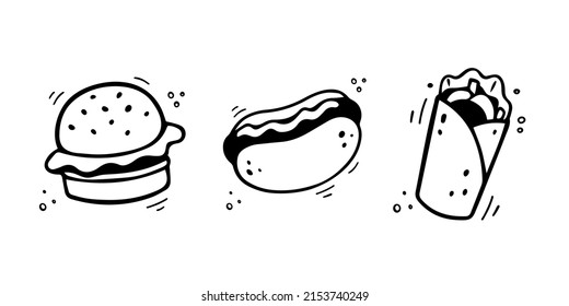 Hand drawn fast food icons. Sketch of snack elements. Fast food illustration in doodle style. Fast food collection.