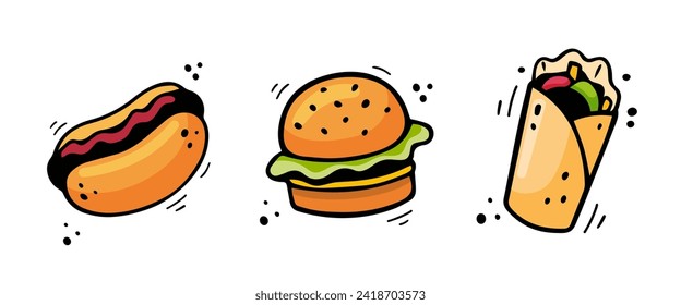 Hand drawn fast food icons Hot dog, Hamburger, Doner Kebab. Sketch of snack elements isolated on white background. Fast food illustration in doodle style. Fast food collection.