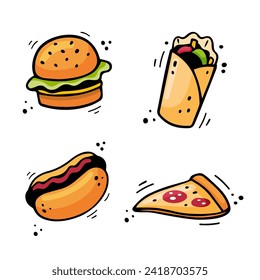 Hand drawn fast food icons Hot dog, Hamburger, Pizza, Doner Kebab. Sketch of snack elements isolated on white background. Fast food illustration in doodle style. Fast food collection.