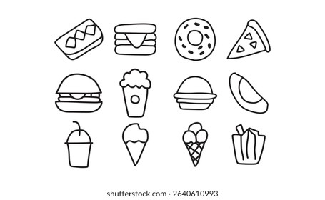 Hand drawn fast food icons set on white background