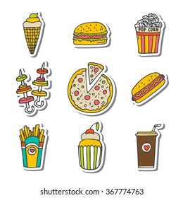 Hand drawn fast food icons sticker set. Food doodles elements. Vector illustration