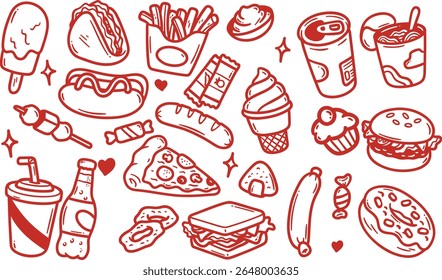 Hand drawn fast food and Italian food doodle set. Includes burger, pizza, fries, soda, ice cream, hot dog, sandwich, candy, snacks. Cute cartoon style vector for menu, poster, packaging.