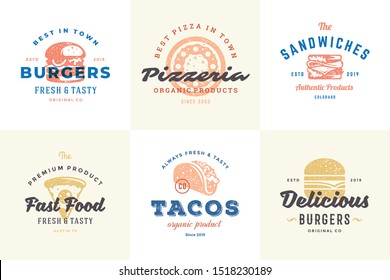 Hand drawn fast food logos and labels with modern vintage typography retro style set vector illustration. Burger, pizza and hot dog silhouettes for cafe packaging and restaurant menu.