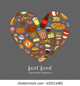 Hand drawn fast food meals composed in heart shape with lettering.