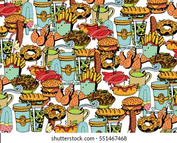 Hand Drawn Fast Food Menu Backgrounds with Lettering. Collage in Retro Style.