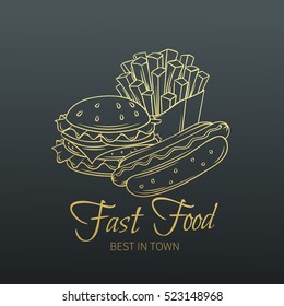 Hand drawn Fast food in old style . Vector Icon logo Fast food for cafe menu, business cards. Golden design.