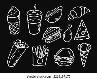 Hand drawn fast food outline icons set white color isolated on a chalkboard. Vector art illustration for poster, food market and menu.