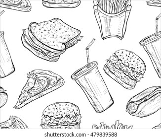 Hand drawn fast food pattern. Junk food and soda drinks background. Burger, pizza, hot dog, french fries and soda detailed illustrations. Great for restaurant menu or banner.Seamless wallpaper