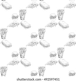 Hand drawn fast food pattern. Burger, pizza, french fries detailed illustrations. Great for restaurant menu or banner