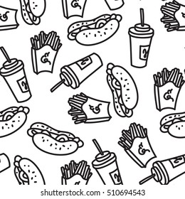 Hand drawn fast food pattern. Junk food and soda drinks background Burger hot dog french fries and soda detailed illustrations Great for restaurant menu or banner