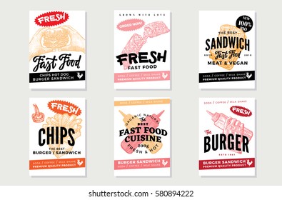 Hand drawn fast food posters with sandwiches snacks chips burgers mustard and ketchup vector illustration