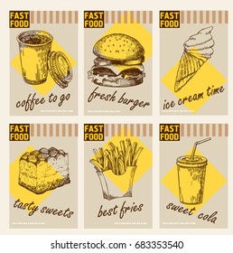 Hand drawn fast food posters with sandwiches snacks chips burgers, ice cream and dessert. vector illustration