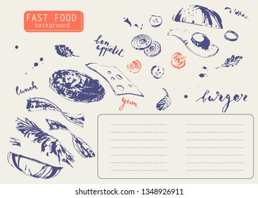 Hand drawn fast food restaurant menu background. Blue ink sketch cheeseburger constructor with fried egg, lettice, tomato, onion, cheese, meet burger, gherkin and bacon.