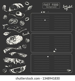 Hand drawn fast food restaurant menu background. White chalk sketch cheeseburger constructor with fried egg, lettuce, tomato, onion, cheese, meet burger, gherkin and bacon.