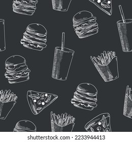 Hand drawn fast food seamless pattern. Soda, pizza, burger and french fries drawing. Fast food vector hand drawn set.