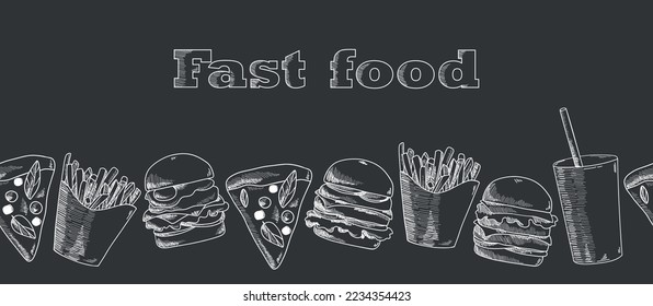 Hand drawn fast food seamless banner. Soda, pizza, burger and french fries drawing. Fast food vector hand drawn set. Great for label, menu, poster, banner, voucher, coupon