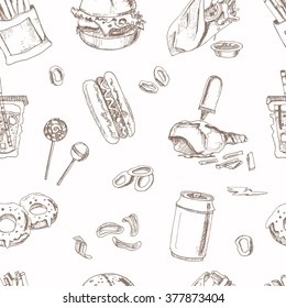 Hand drawn fast food seamless pattern. Useful for restaurant identity, packaging, menu design and interior decorating.