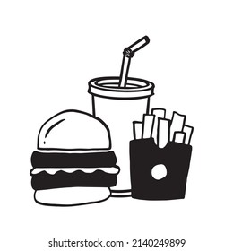 Hand Drawn Fast Food Set, Illustration Of Burger, Fries And Drink.