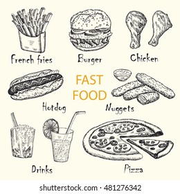 Hand drawn fast food set of vector sketches. Vintage design with fast food illustration.