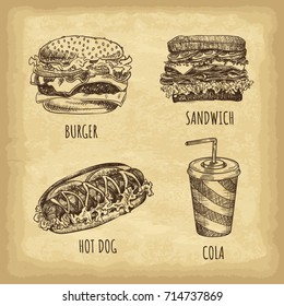 Hand drawn fast food set. Burger. Cola. Hot dog. Sandwich. Retro style. Vector illustration.