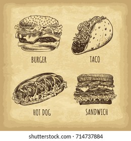 Hand drawn fast food set. Burger. Taco. Hot dog. Sandwich. Retro style. Vector illustration.