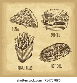 Hand drawn fast food set. Pizza. Burger. French fries. Hot dog. Retro style. Vector illustration.