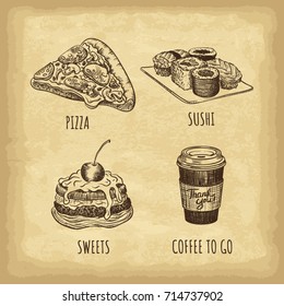 Hand drawn fast food set. Pizza. Sushi. Sweets. Coffee to go. Retro style. Vector illustration.