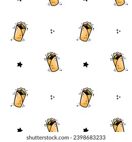 Hand drawn fast food shawarma, Doner Kebab, burrito, twister seamless pattern. Comic doodle sketch style. Vector Fast food illustration. Sketch of doner, burrito.