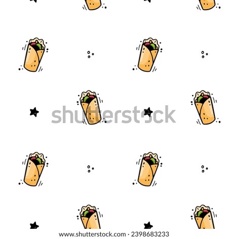 Hand drawn fast food shawarma, Doner Kebab, burrito, twister seamless pattern. Comic doodle sketch style. Vector Fast food illustration. Sketch of doner, burrito.