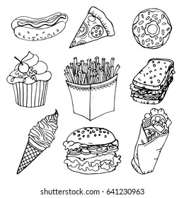 Hand drawn Fast Food sketch isolated on white background. Vector Ice-cream cone, hot dog, sandwich, donut,  french fries, hamburger,  pizza, cupcake, beaker.