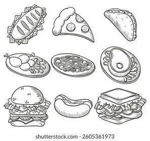 Hand Drawn Fast Food Vector Set in Black and White Style