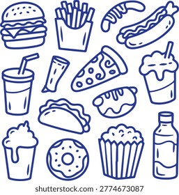 Hand Drawn Fast Food Vector Icon Set: Burger, Pizza, Taco, and Snacks in Minimalist Line Art Style