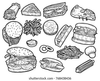 Hand drawn Fast food vector set engraving illustration. Other types of fat junk food. Isolated on white background.