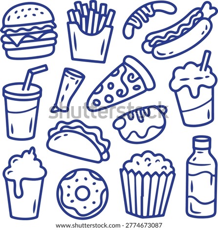 Hand Drawn Fast Food Vector Icon Set: Burger, Pizza, Taco, and Snacks in Minimalist Line Art Style