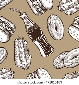Hand drawn fast food vintage cartoons brown seamless pattern on beige background. RGB EPS 10 vector illustration
